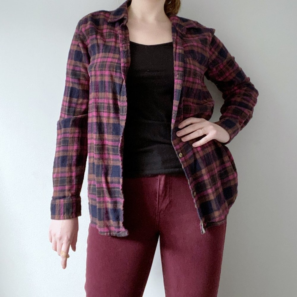 American Eagle Casual Plaid Navy Brown Pink Cotton Button Down Shirt M